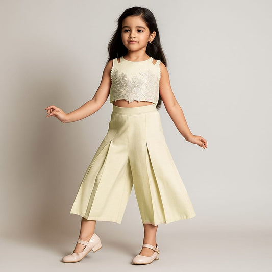 Pre Order: Embroidered Pastel Yellow Top And Pleated Palazzo