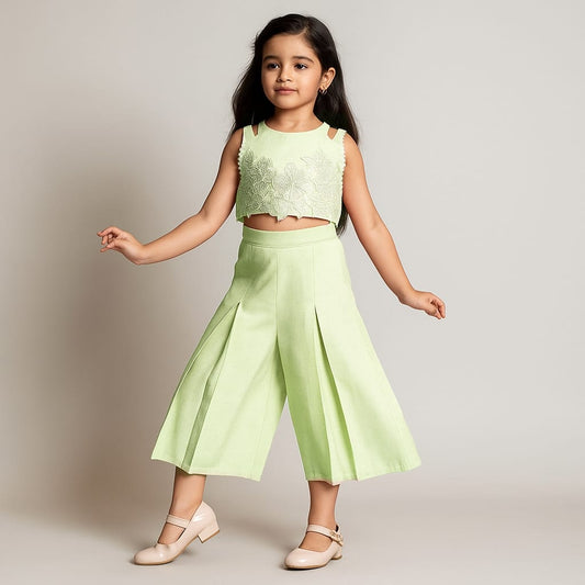 Pre Order: Embroidered Pastel Green Top And Pleated Palazzo