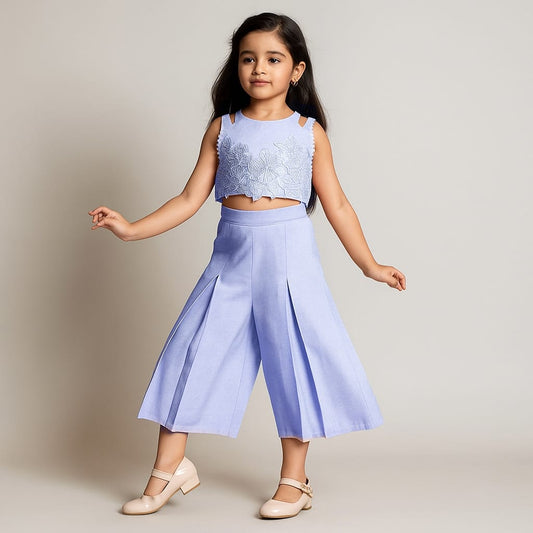 Pre Order:English Blue Embroidered Top And Pleated Palazzo