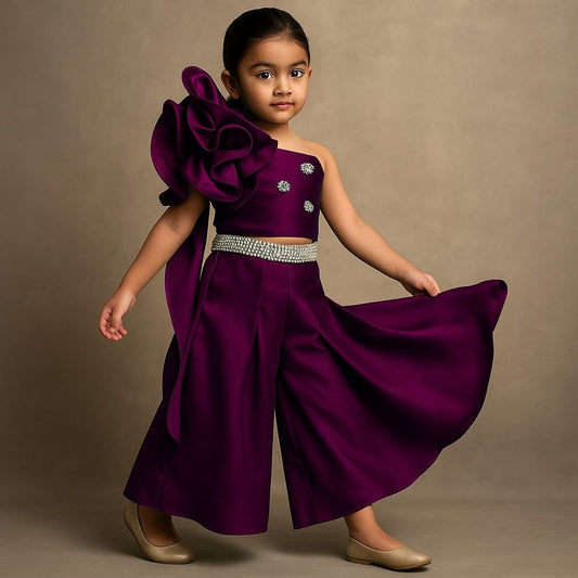 Pre Order: Wine Swirled Flower Embellished One Shoulder Top And Flared Palazzo