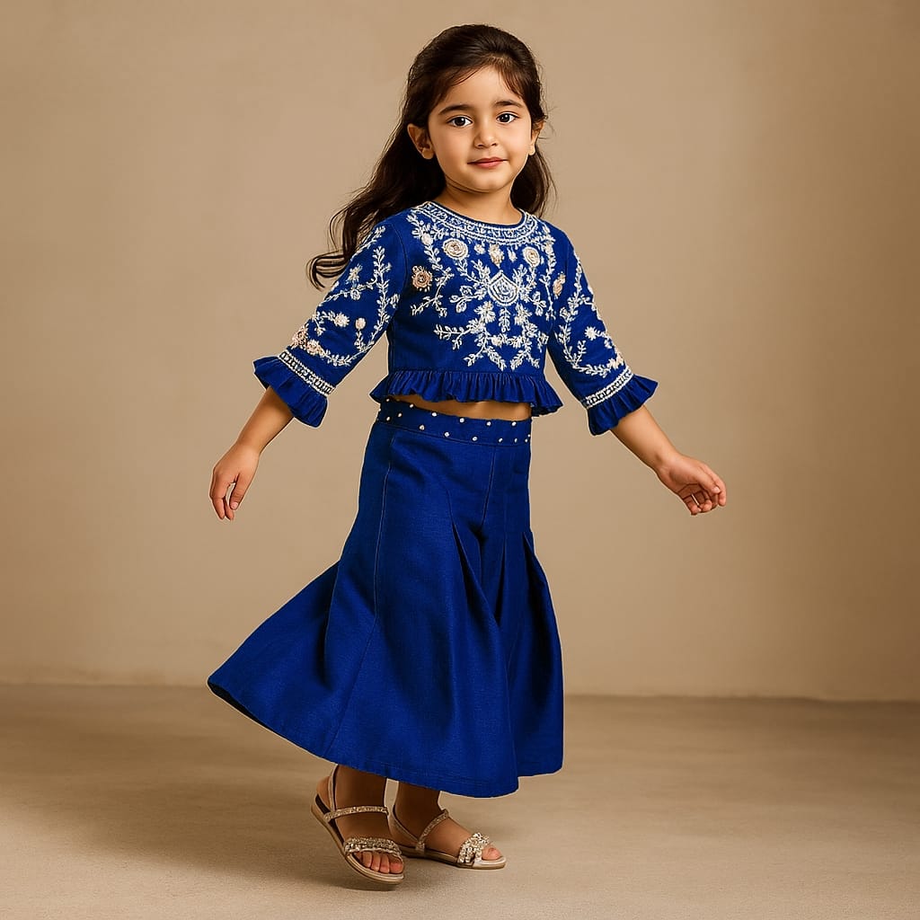 Pre Order: Floral Embroidered Blue Top And Palazzo