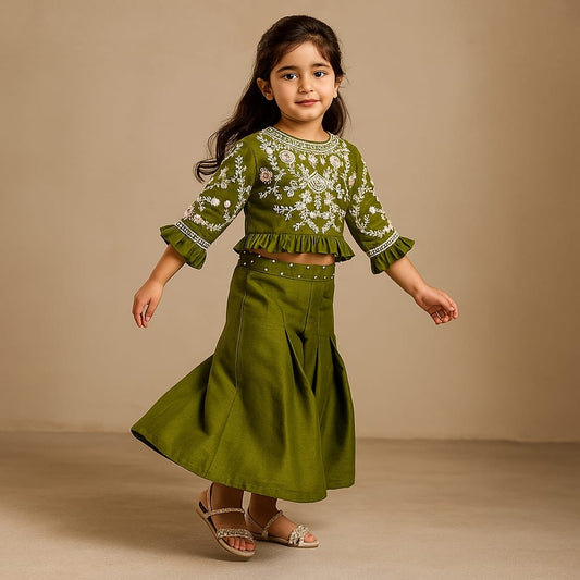 Pre Order: Floral Embroidered Green Top And Palazzo