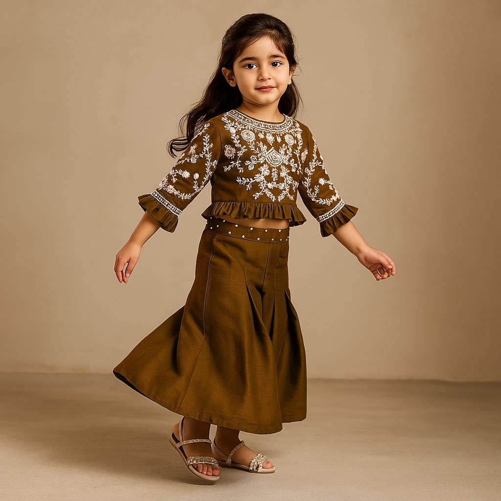 Pre Order: Floral Embroidered Brown Top And Palazzo