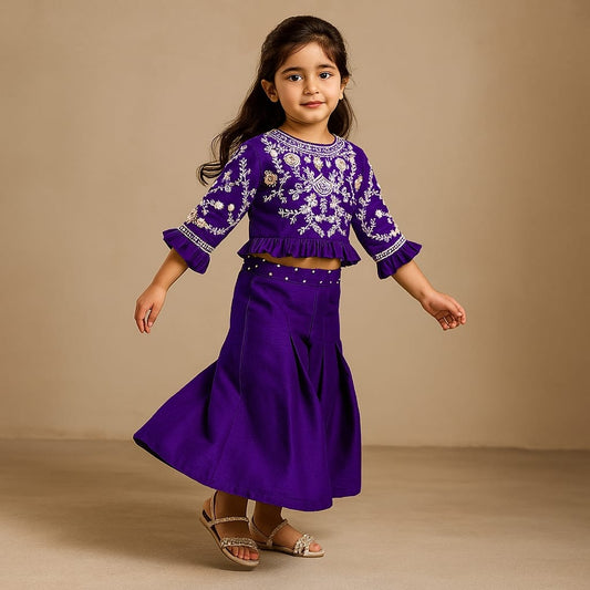 Pre Order: Floral Embroidered Purple Top And Palazzo