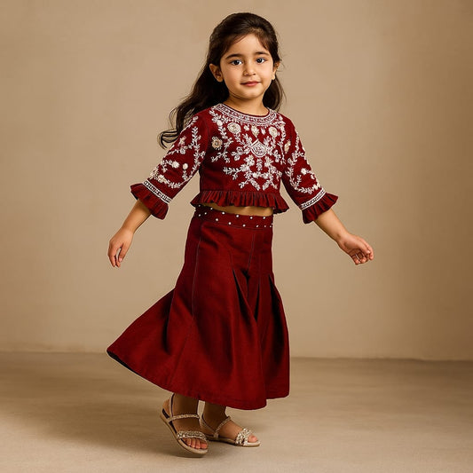 Pre Order: Floral Embroidered Maroon Top And Palazzo