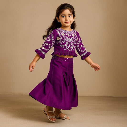 Pre Order: Floral Embroidered Wine Top And Palazzo