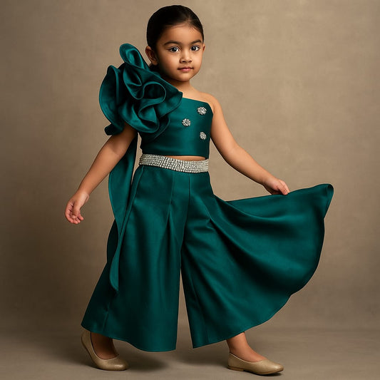 Pre Order: Rama Swirled Flower Embellished One Shoulder Top And Flared Palazzo