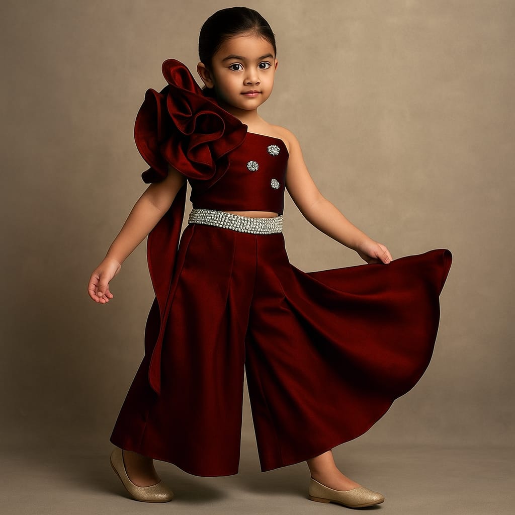 Pre Order: Brick Swirled Flower Embellished One Shoulder Top And Flared Palazzo