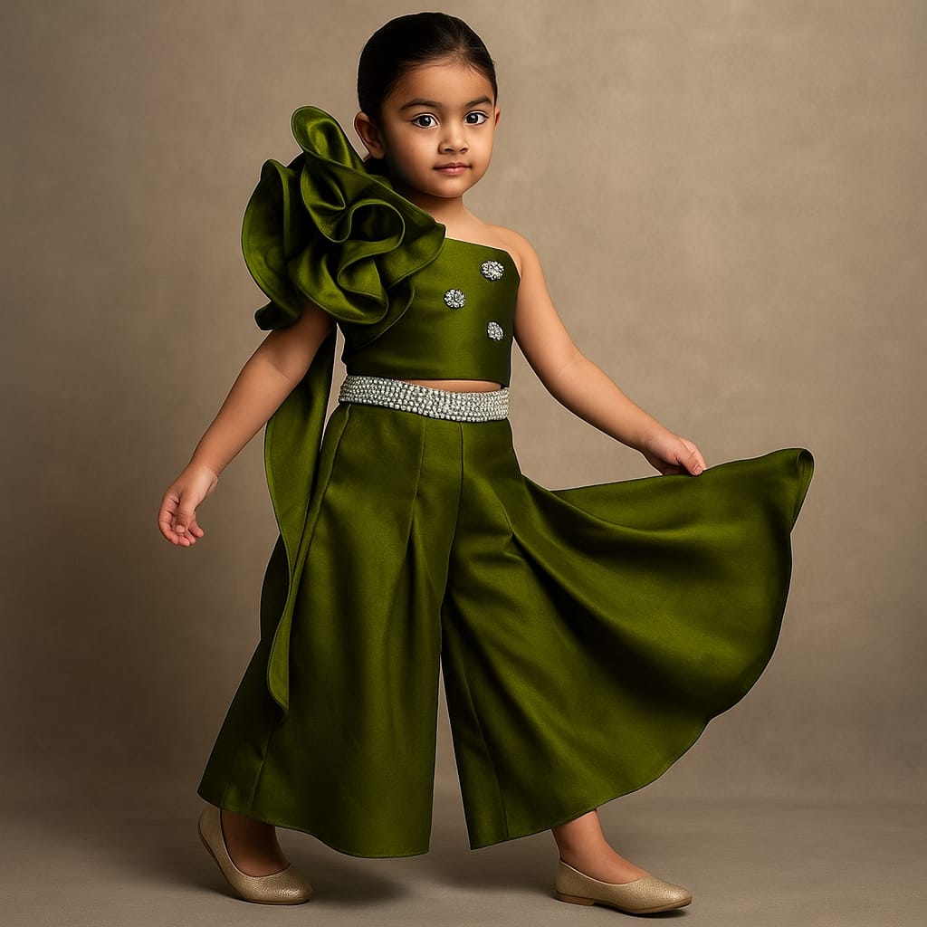 Pre Order: Olive Swirled Flower Embellished One Shoulder Top And Flared Palazzo