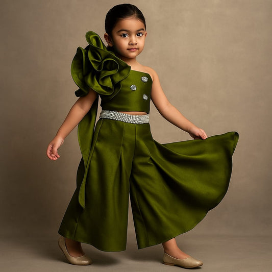 Pre Order: Olive Swirled Flower Embellished One Shoulder Top And Flared Palazzo