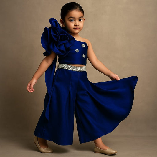 Pre Order: Blue Swirled Flower Embellished One Shoulder Top And Flared Palazzo