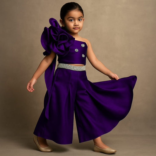 Pre Order: Purple Swirled Flower Embellished One Shoulder Top And Flared Palazzo