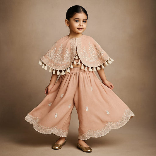 Pre Order: Peach Embroidered And Embellished Cape Attached Top With Flared Palazzo