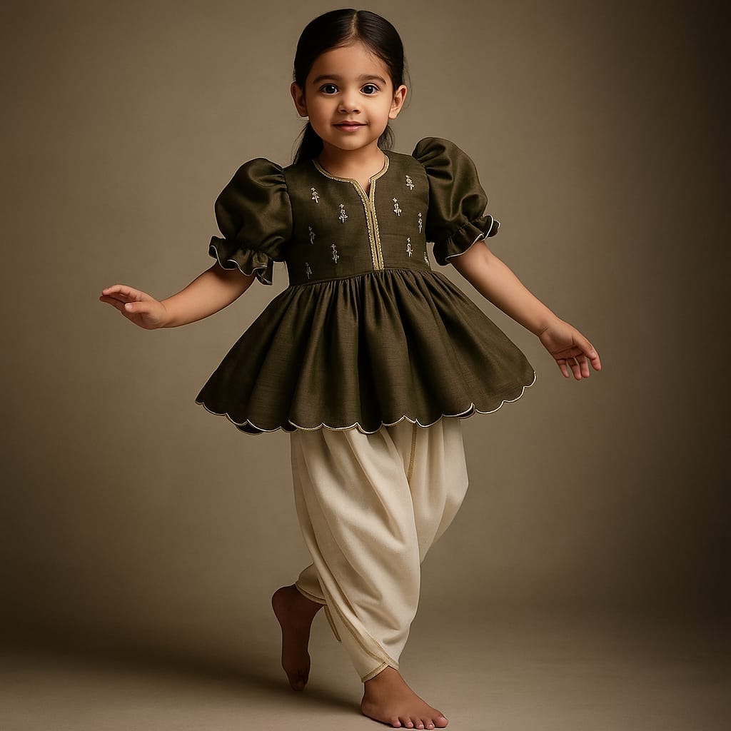 Pre Order: Olive Brown Embroidered Kurti And Tulip Dhoti