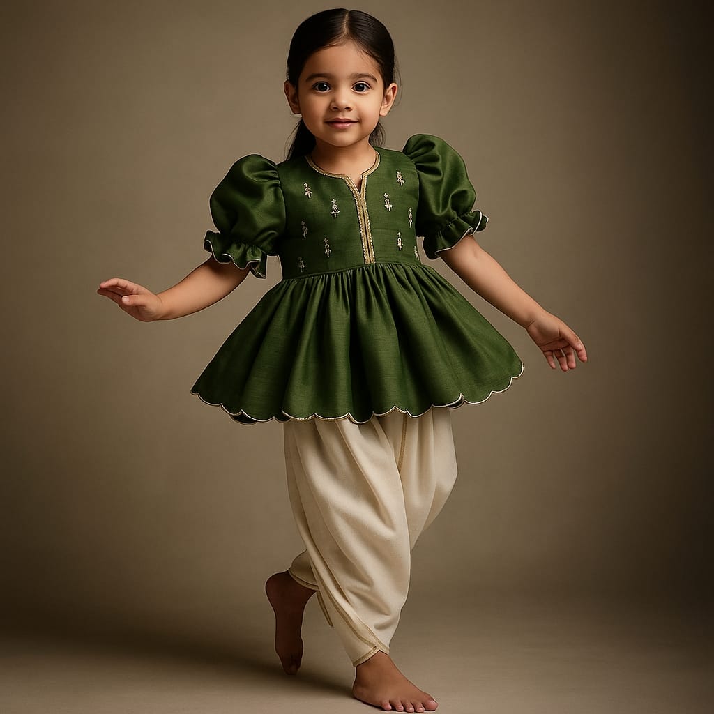 Pre Order: Olive Embroidered Kurti And Tulip Dhoti