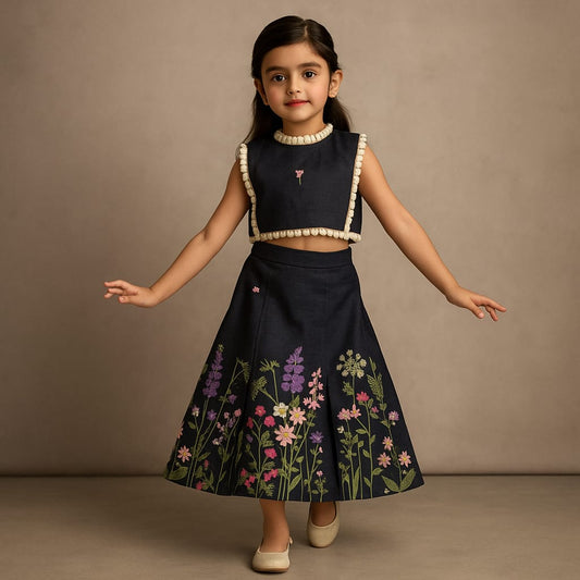 Pre Order: Blue Denim Embroidered Top And Stylish Skirt