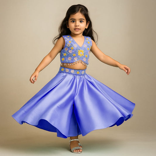 Pre Order: Floral Embroidered Stylish Purple Top And Palazzo