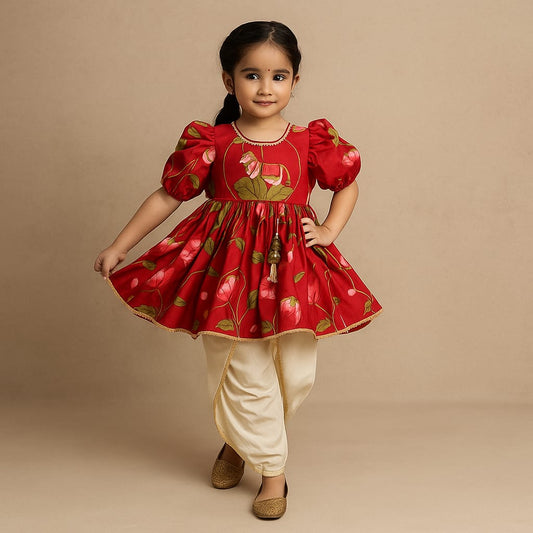 Pre Order: Printed Puffed Sleeves Red Peplum Top With Tulip Pant