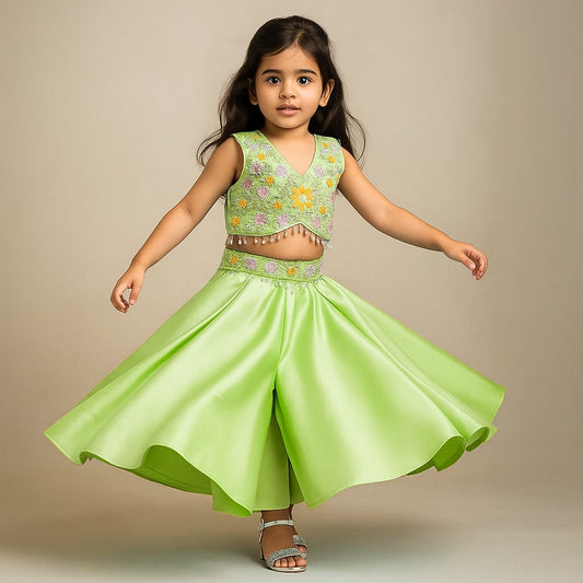 Pre Order: Floral Embroidered Stylish Pastel Green Top And Palazzo