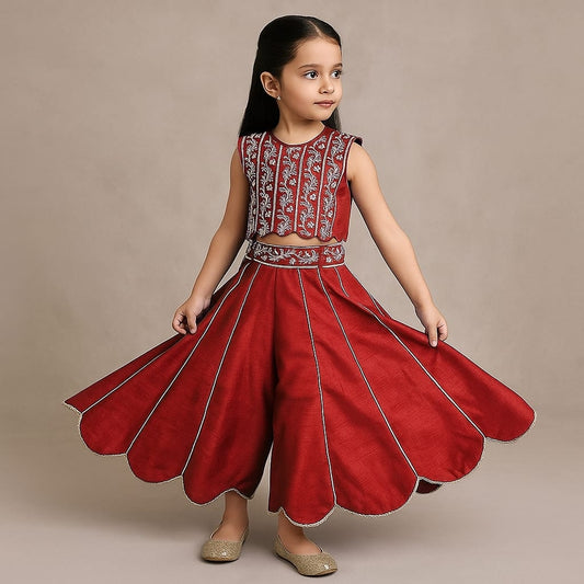 Pre Order: Red Embroidered Top And Palazzo