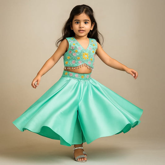 Pre Order: Floral Embroidered Stylish Pastel Blue Top And Palazzo