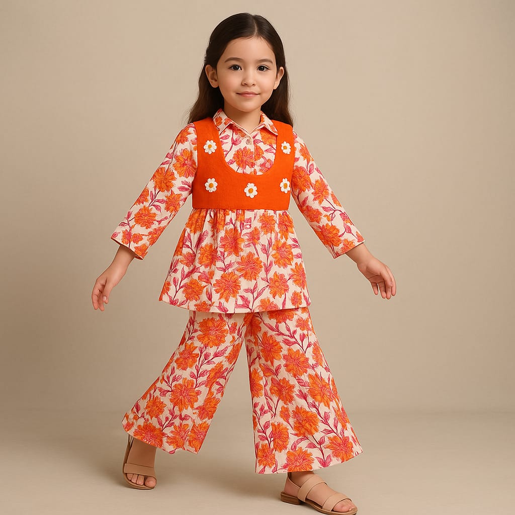 Pre Order: Floral Multicolour Printed Shirt Style Kurti With Jacket And Palazzo