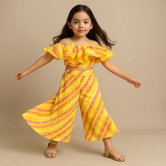 Pre Order: Multicolor Striped Printed Embroidered Strappy Ruffle Detail Cape Top With Inner And Palazzo