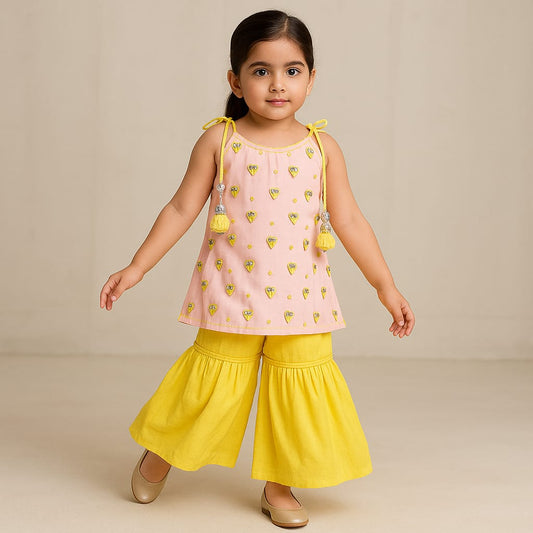Pre Order: Pink Shibori Printed Tie Up Straps Kurti And Sharara