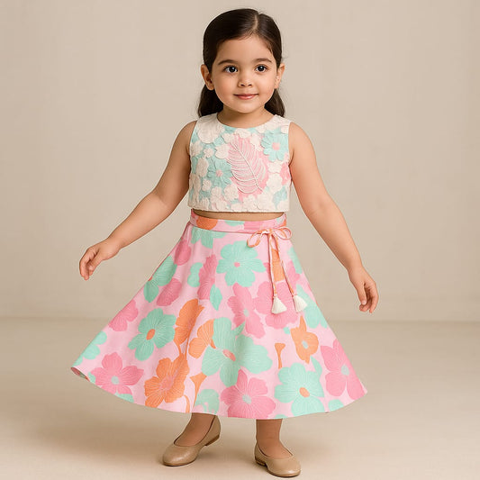 Pre Order: Floral Embroidered Printed Multicolour Scalloped Top And Fringes Tassels Enhanced Palazzo