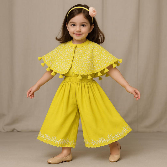 Pre Order: Green Embroidered And Embellished Cape Attached Top With Flared Palazzo