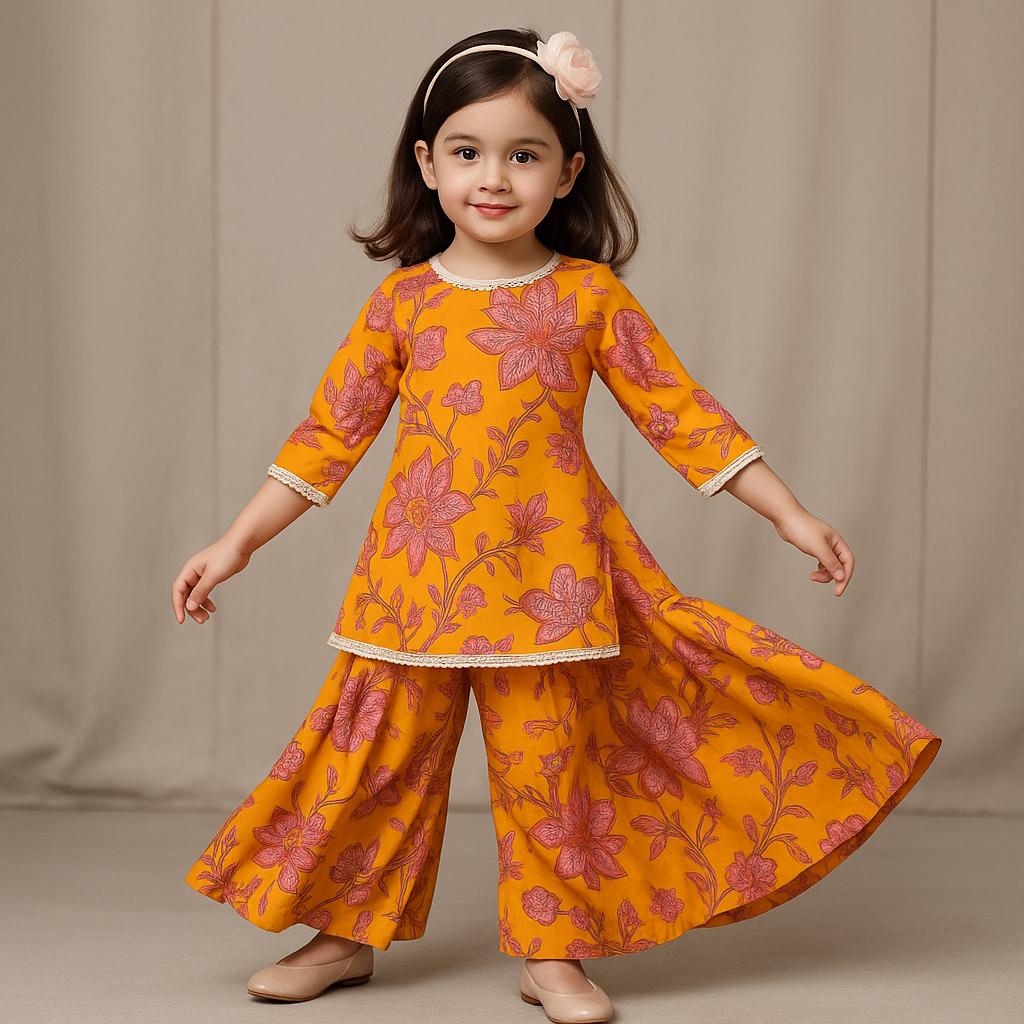 Pre Order: Floral Printed Kurti And Sharara With Dupatta