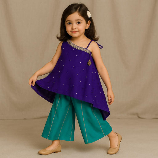 Pre Order: Purple One Shoulder Stylish Kurti And Flared Palazzo