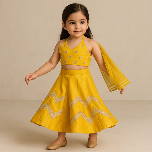 Pre Order: Halter Neck Top And Flared Palazzo With Net Dupatta