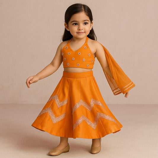 Pre Order: Halter Neck Top And Flared Palazzo With Net Dupatta