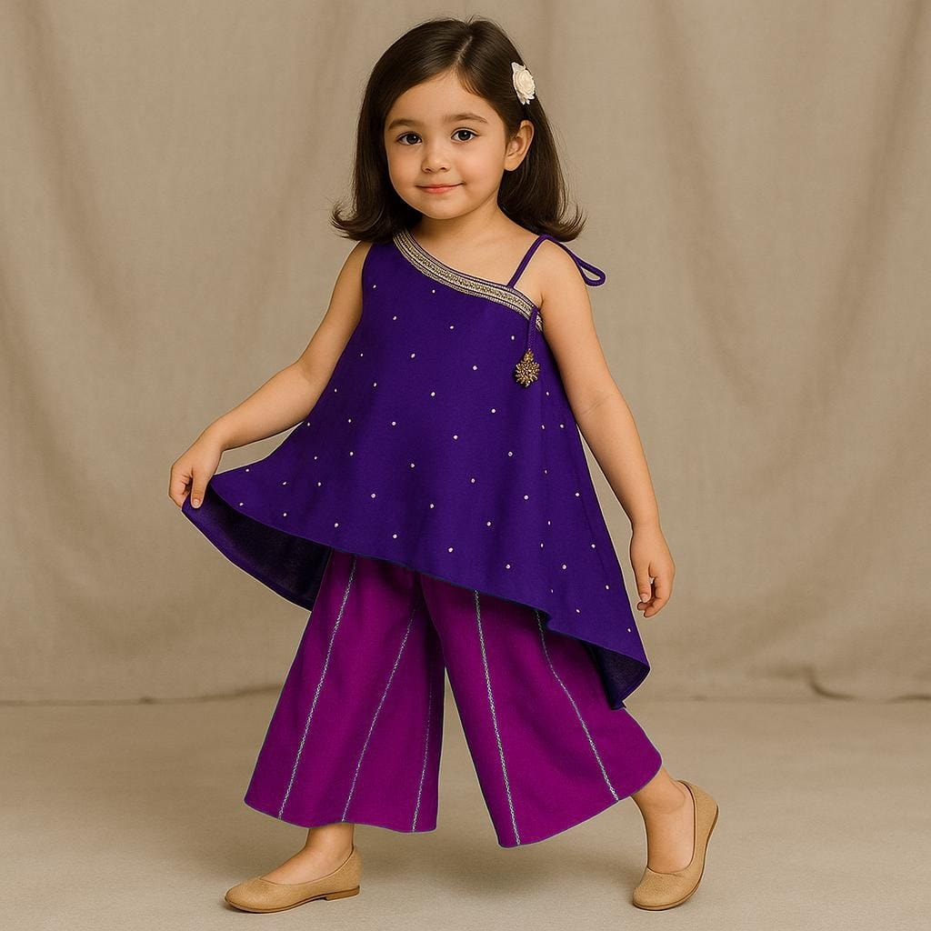 Pre Order: Purple One Shoulder Stylish Kurti And Flared Palazzo