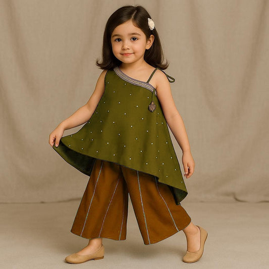 Pre Order: One Shoulder Stylish Kurti And Flared Palazzo