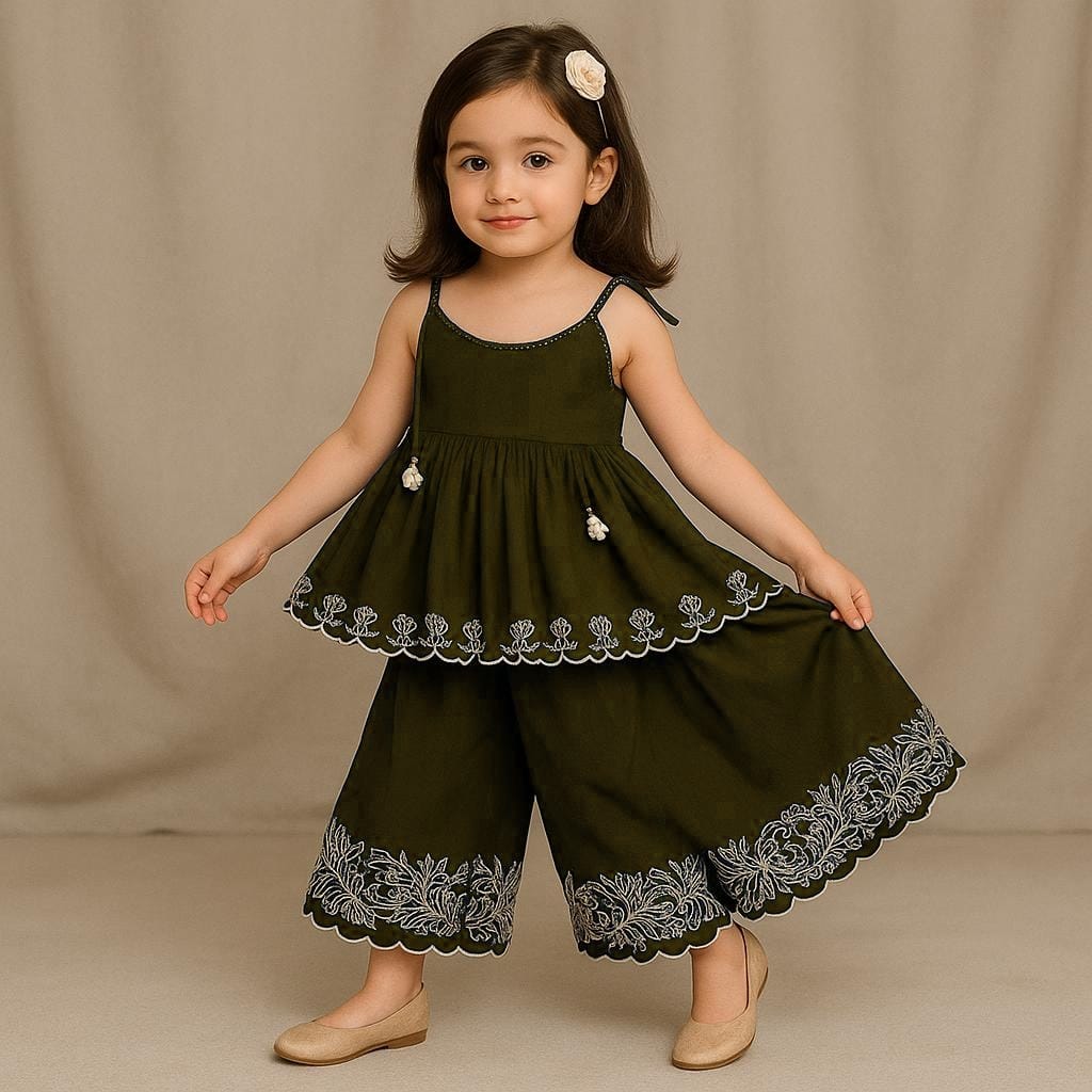 Pre Order: Scalloped Hem Tie Up Strappy Dark Oliver Green Top And Palazzo