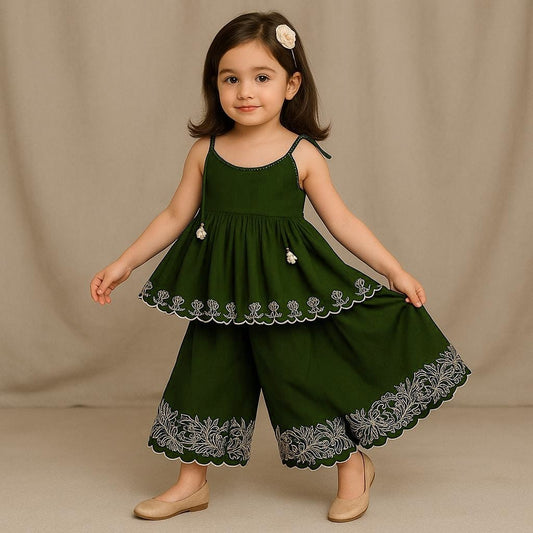 Pre Order: Scalloped Hem Tie Up Strappy Green Top And Palazzo
