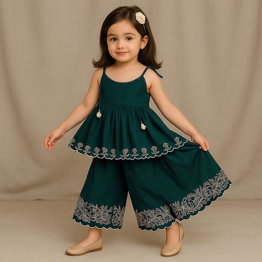 Pre Order: Scalloped Hem Tie Up Strappy Green Top And Palazzo