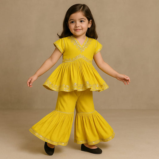 Pre Order: Mustard Embroidered Peplum Top And Sharara