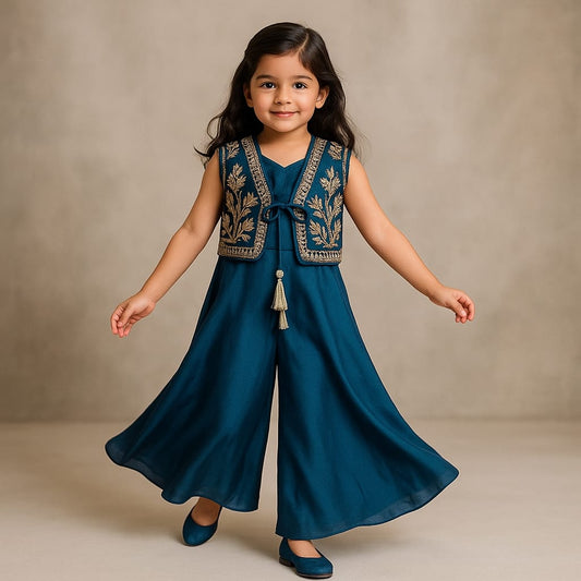 Pre Order:Teal Jumpsuit With Velvet Embroidered Jacket