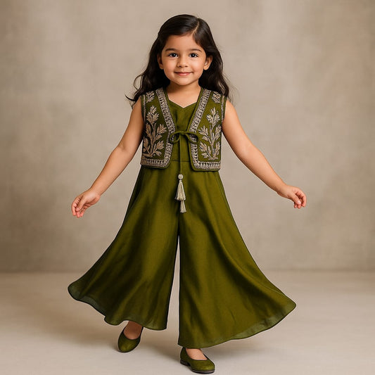 Pre Order: Olive Jumpsuit With Velvet Embroidered Jacket