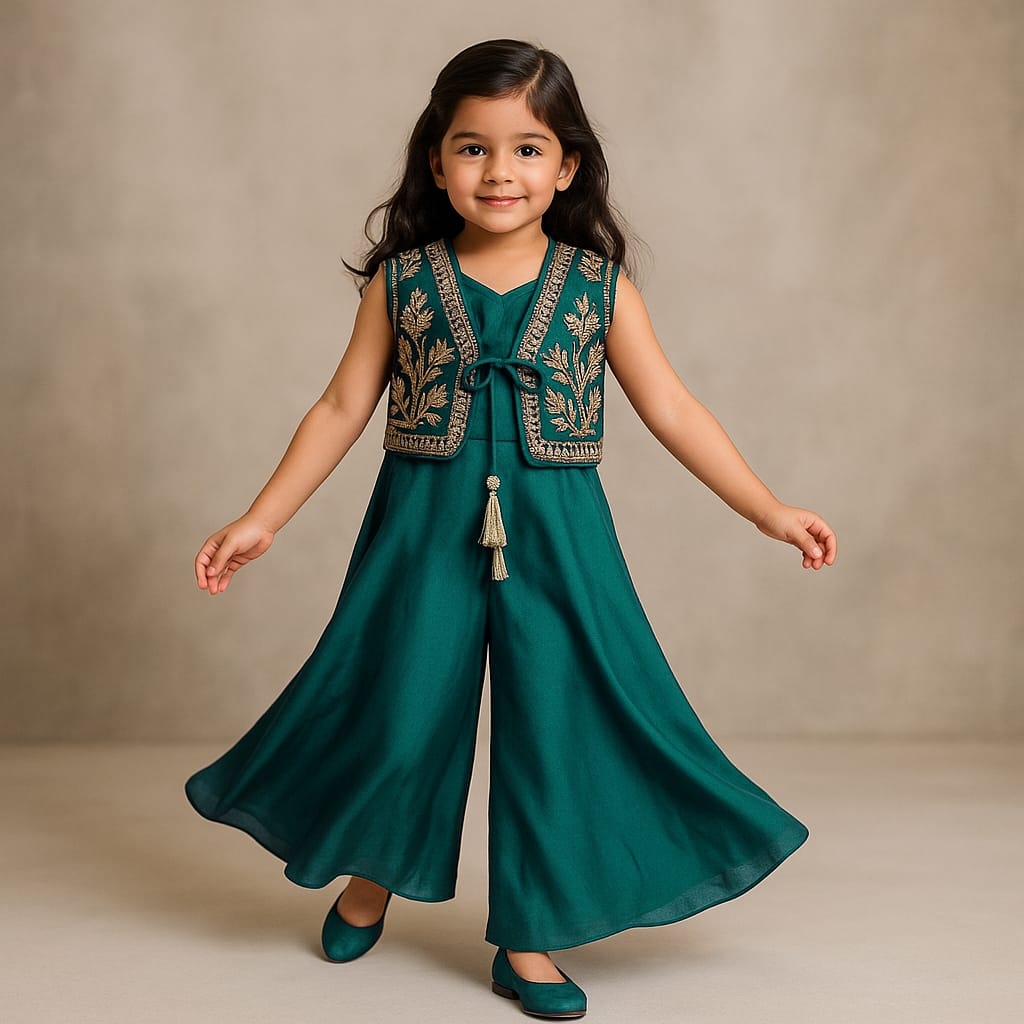 Pre Order: Green Jumpsuit With Velvet Embroidered Jacket