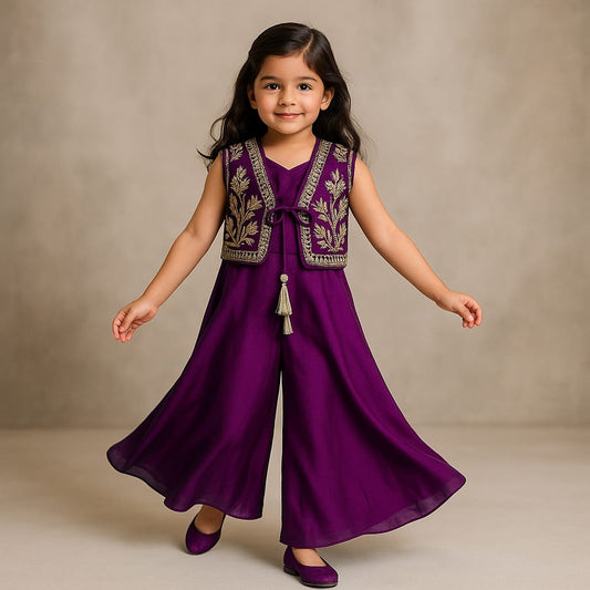 Pre Order:Wine Jumpsuit With Velvet Embroidered Jacket