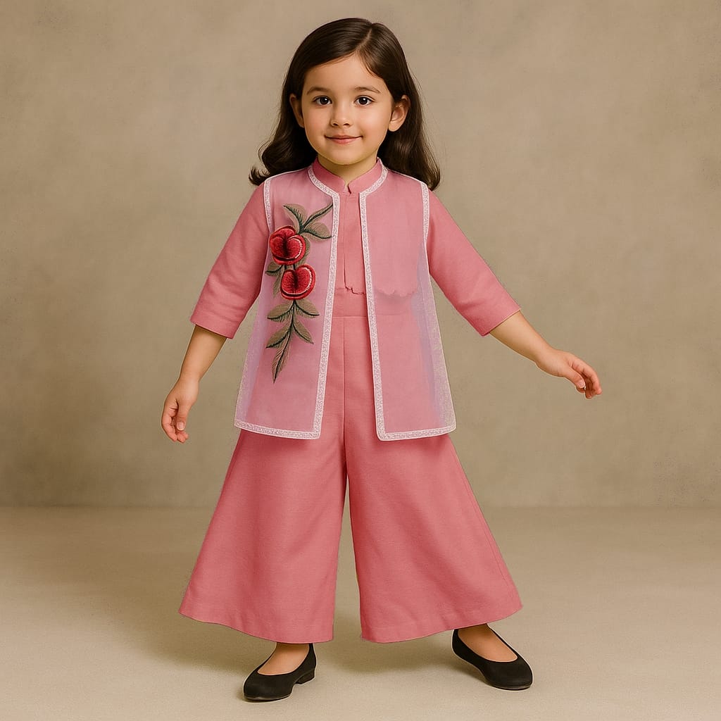 Pre Order: Pink Top With Embroidered Applique Jacket And Palazzo