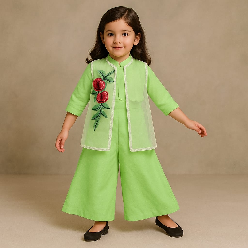 Pre Order: Pastel Green Top With Embroidered Applique Jacket And Palazzo