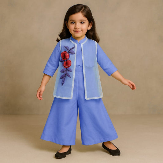 Pre Order: Blue Top With Embroidered Applique Jacket And Palazzo