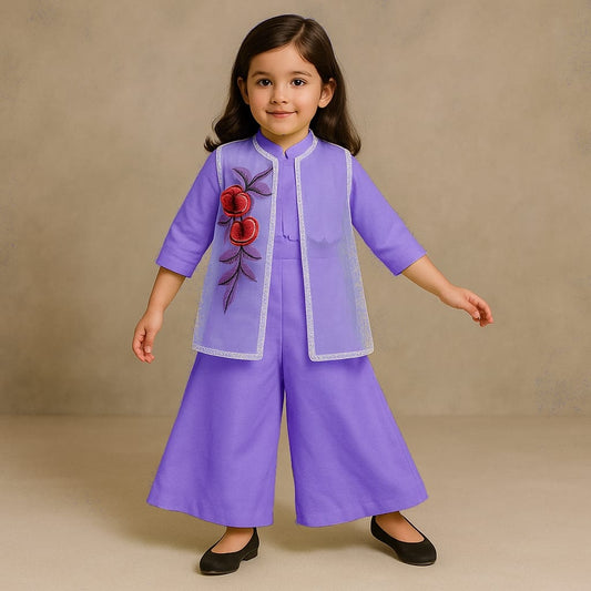 Pre Order: Purple Top With Embroidered Applique Jacket And Palazzo