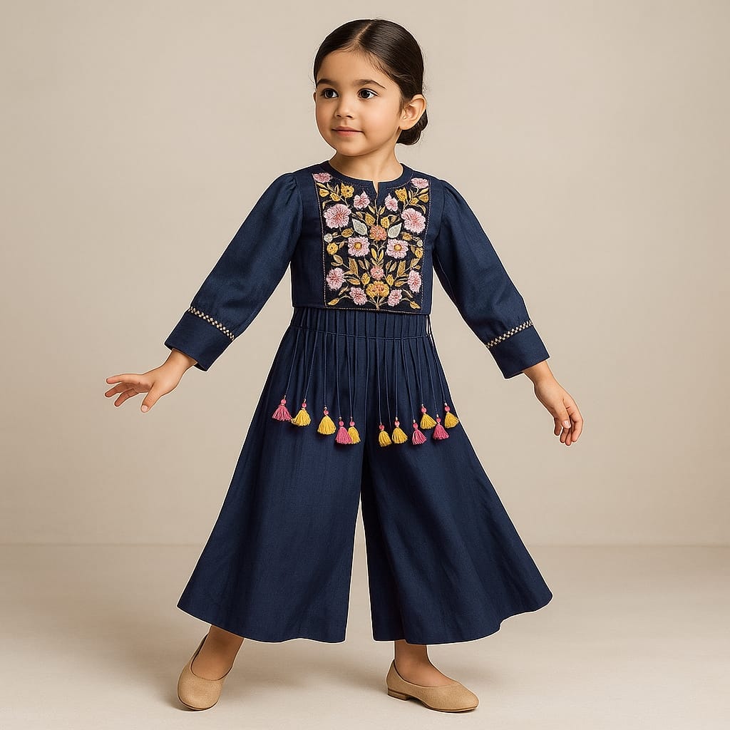 Pre Order: Blue Embroidered Top And Flared Palazzo