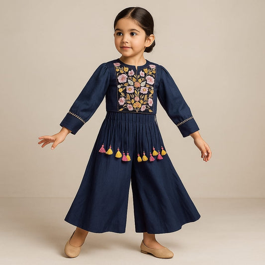 Pre Order: Blue Embroidered Top And Flared Palazzo
